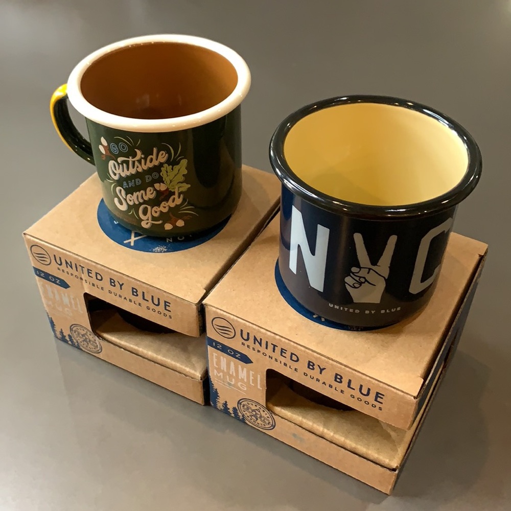 UNITED BY BLUE (Bundle of Two) STEEL ENAMEL MUGS, 12 oz Camping